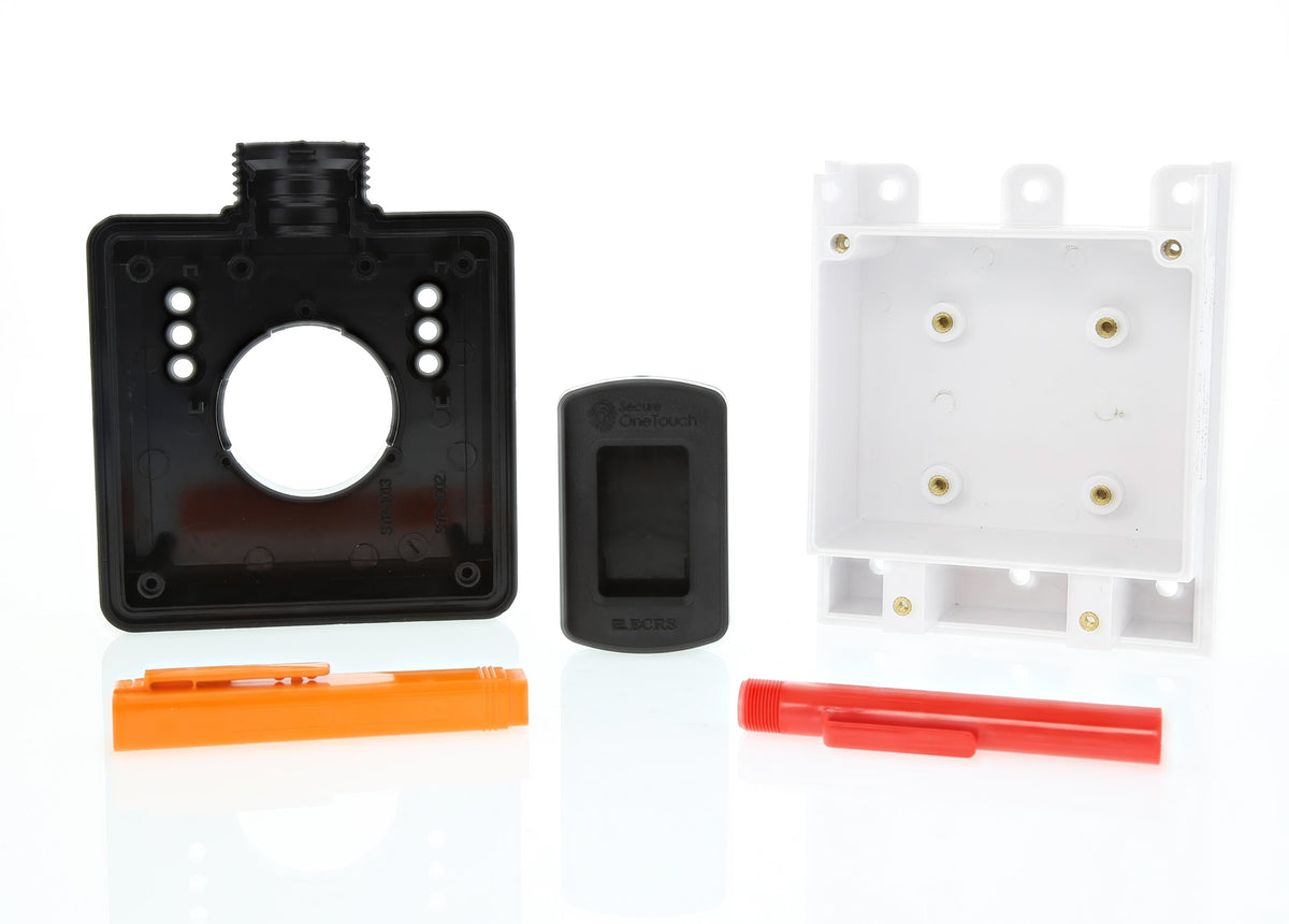 Set of electronic components including a black rectangular block, white square block, and orange and red strips on a white background.